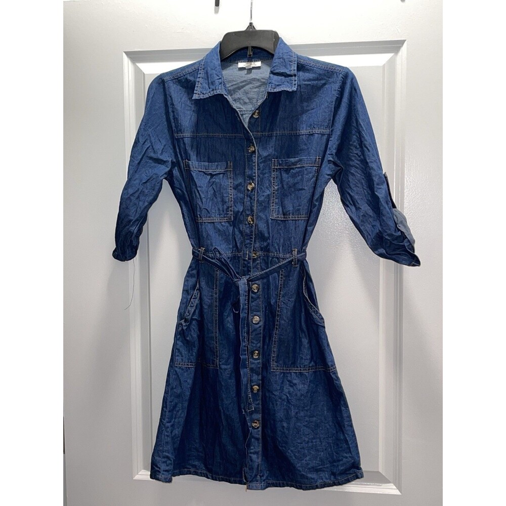 MPH Collection Denim Shirt Dress in Medium Blue-Size PS (Petite Small)